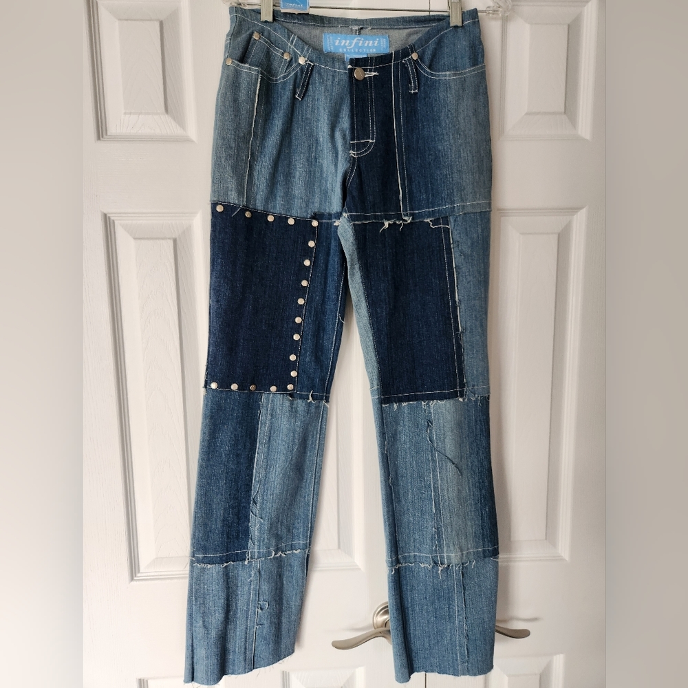 Vintage Infini Y2K Patchwork Studded Jeans Two Tone Grunge Sz 3